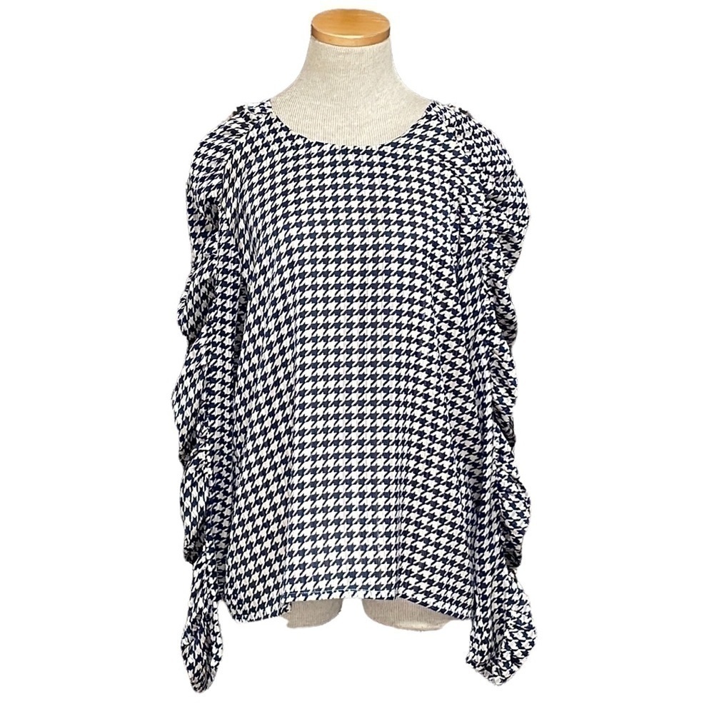 Birgitte Herskind Top Blouse Shirt Blue Grey Houndstooth Ruched Sleeve Size 6
